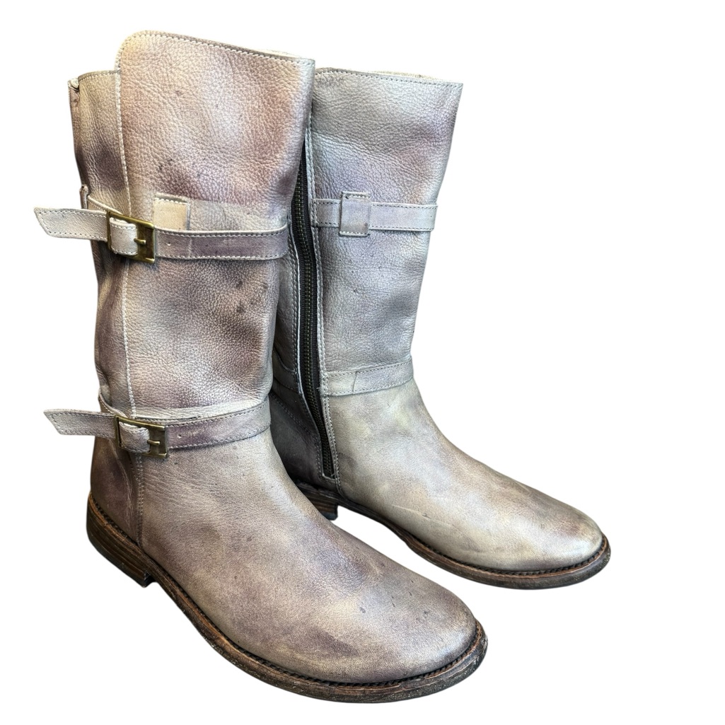 Bed|Stu Gray-Purple Distressed Leather Moto Boots Women’s Buckle Mid-Calf